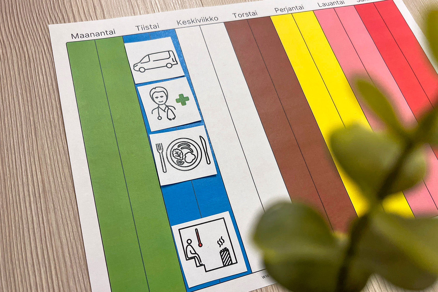 Kuvassa on paperille tulostettu viikkotaulu. Viikkotaulussa on tiistain kohdalla kuvia kuvaamassa arjen askareita, esimerkiksi lääkäri, lounas ja sauna.