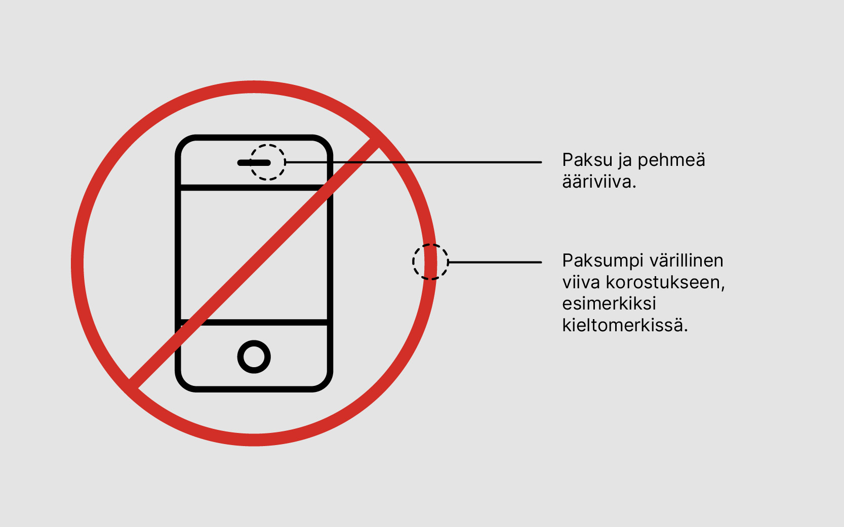 Selkokuva, jossa on piirretty mustalla ääriviivalla puhelin ja päällä punainen kieltomerkki. Kuva osoittaa ääriviivojen pehmeyden ja punaisen korostusvärin.